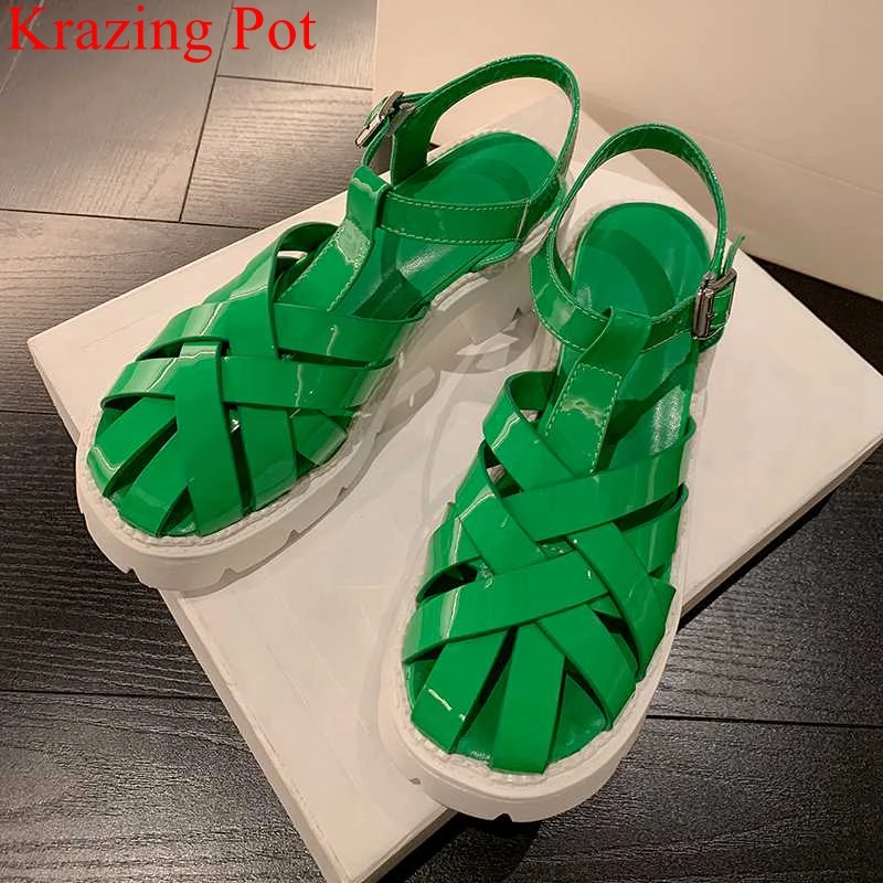 

Krazing Pot Patent Leather Round Toe High Heel Platform Gladiator Young Lady Streetwear Fashion Solid Classic Women Sandals L55