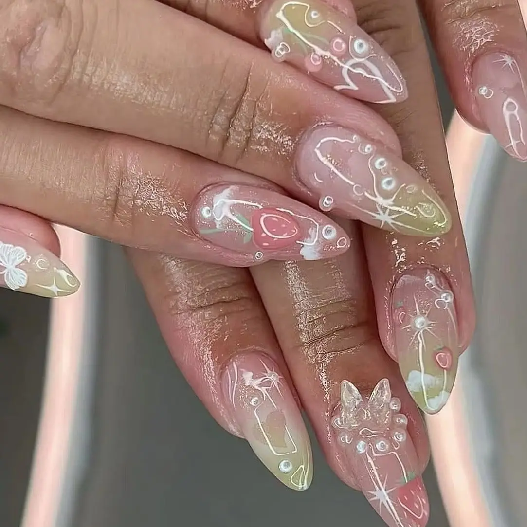 

24PCS Sweet Cute Pastel Press on Nails Strawberry Cherry White Butterfly Starburst Line Detail Fake Nails Almond Glossy Manicure