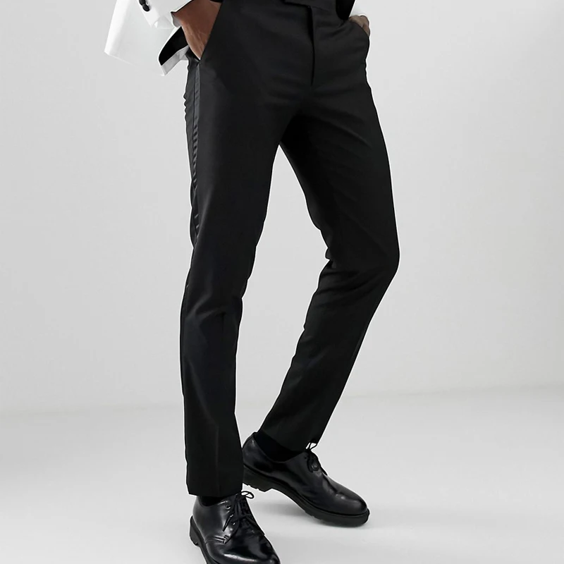 Black Men Pants with Side Satin Stripe One Piece Official Slim Fit Formal Male Trousers Fashion Clothes for Wedding Evening