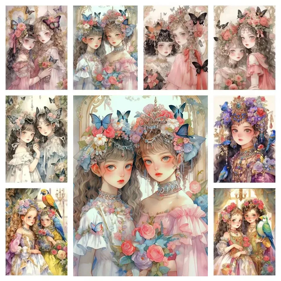 5D Handmade Cartoon Fairy Girl Sister DIY Diamond Painting Kit Flower Butterfly Cross Embroidery Mosaic Home Decoration W48