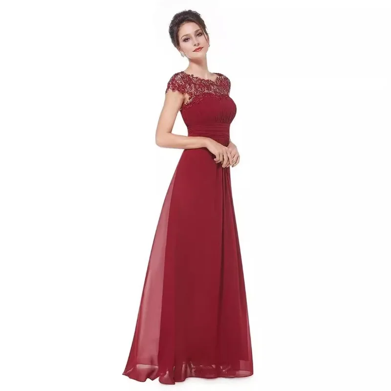 Women\'s Elegant Evening Gowns Cap Sleeve Ruched Lace Round Neck Chiffon Formal Bridesmaid Dress for Summer