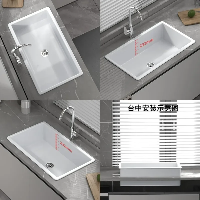 For American Kitchen Ceramic Countertop Sink Deepened Large Single Double Basin Embedded Under Counter Vegetable Washing Bowl