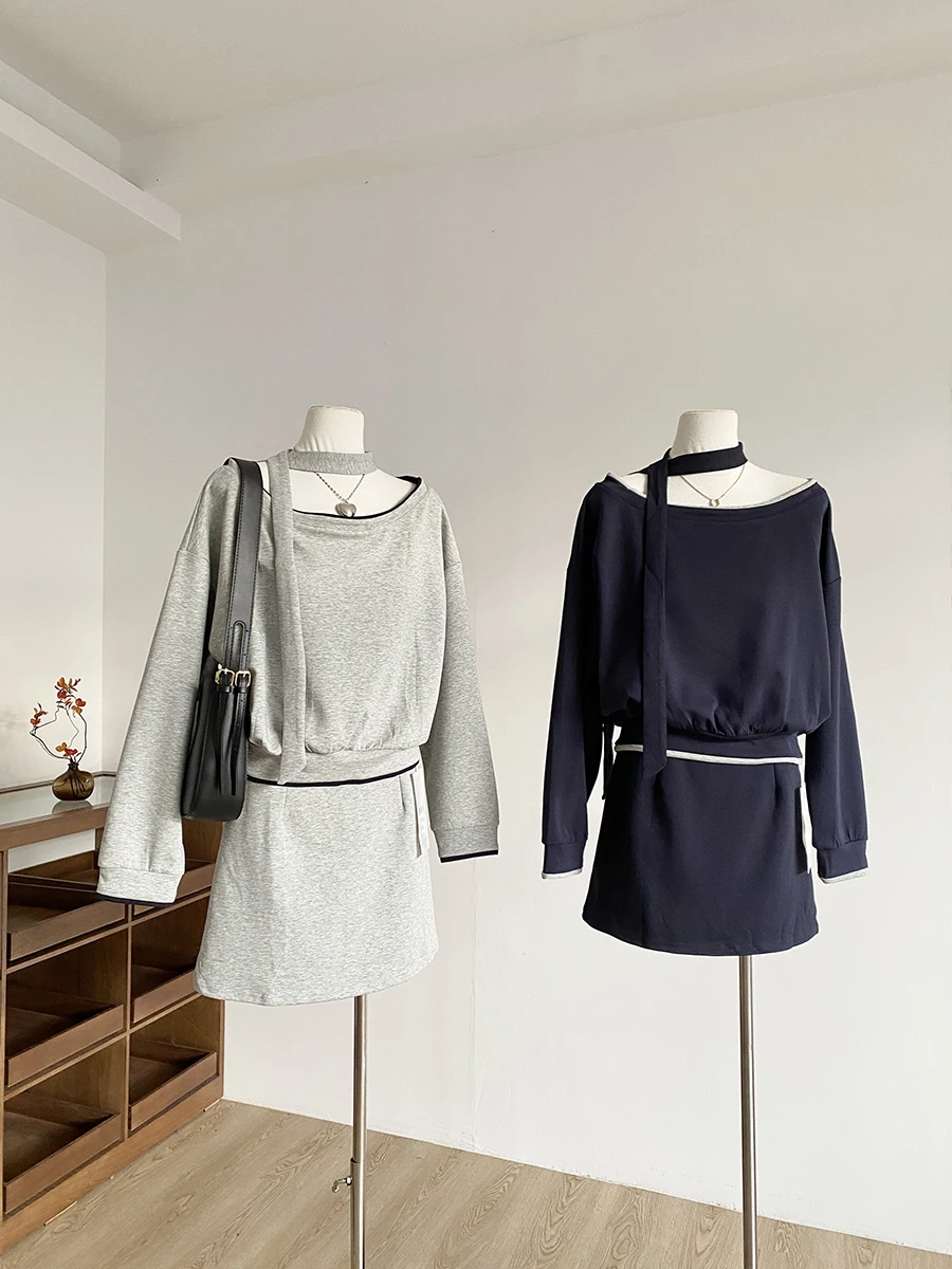 

2025 Spring New Korean Loose Casual U-Neck Slim Belted Sweatshirt High Waist Hip Covering Short Skirt Two-Piece Set Women Trend