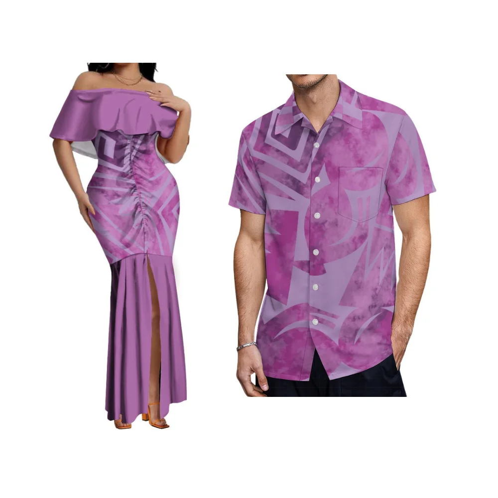 2026 Summer New Customizable Polynesian Style Couple Outfit - Ruffled Sleeveless Women'S Fish Tail Dress - Men'S Casual Shirt