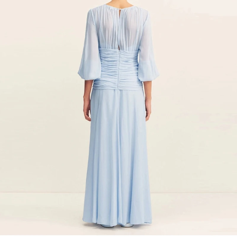 

Elegant Pleated Chiffon Dress For Women Temperament High Waisted Slim Long Dress Sexy O Neck Lantern Sleeve Solid Evening Dress