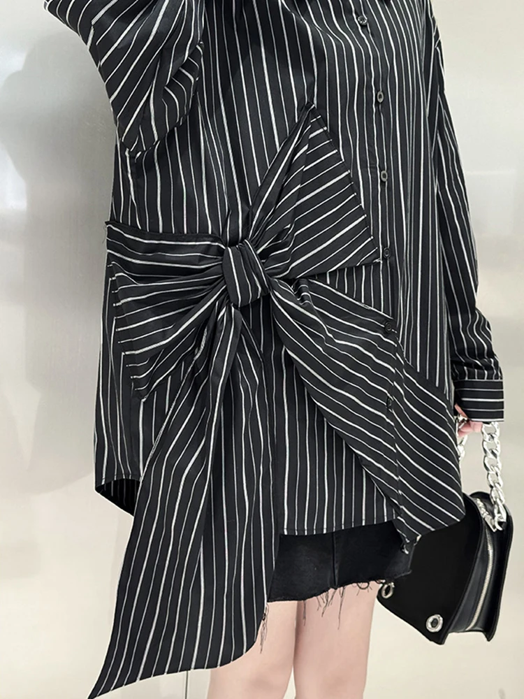 DEAT Fashion Women\'s Black Striped Shirt Lapel Loose Single Breasted Bow Irregular Long Sleeves Blouse Autumn 2024 New 1DH5046