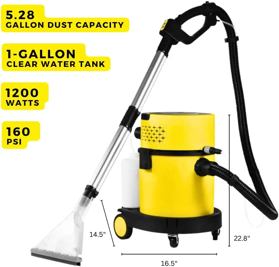 Wet Dry Shampoo Vacuum Cleaner, HEPA Filter, 5.28 Gallon Shop Vac, Yellow