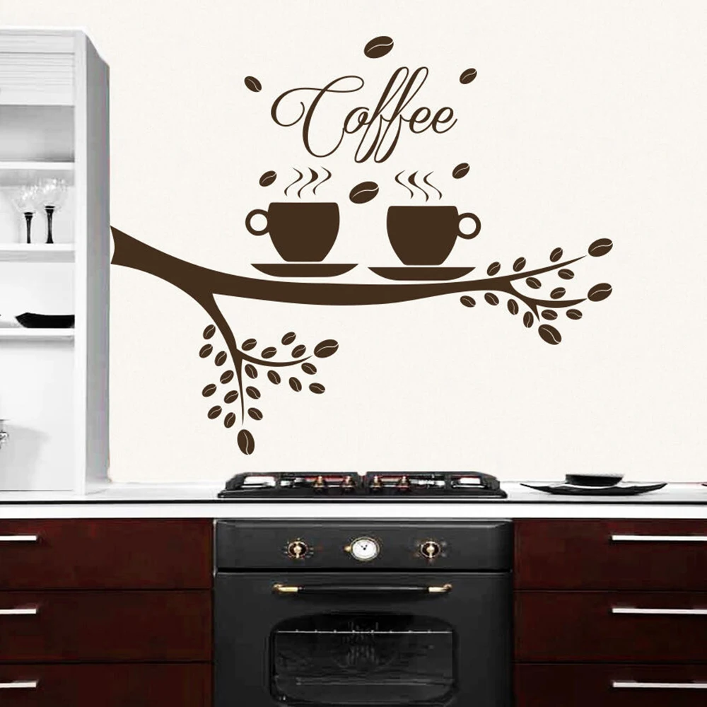 Large Coffee Tree Mug Wall Sticker Kitchen Office Cafe Time Cup Wall Decal Bar Vinyl Home Decor