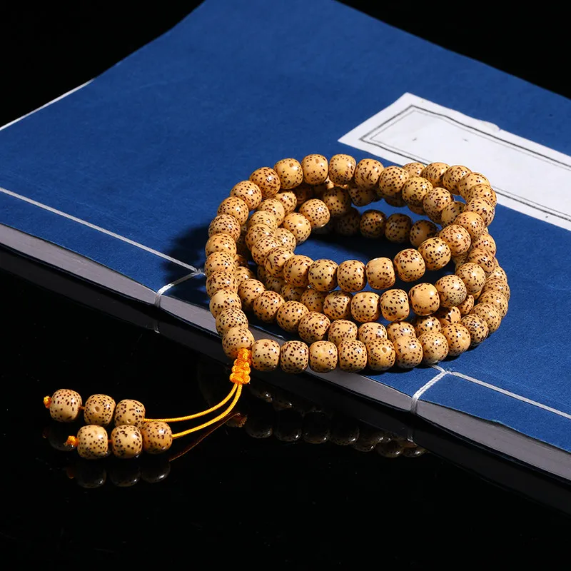 Chinese Style Handmade Lucky 108 Beads Chicken Oil Yellow Star Moon Bodhi Mala Bracelet Multi Size Barrel Round Beaded Necklace