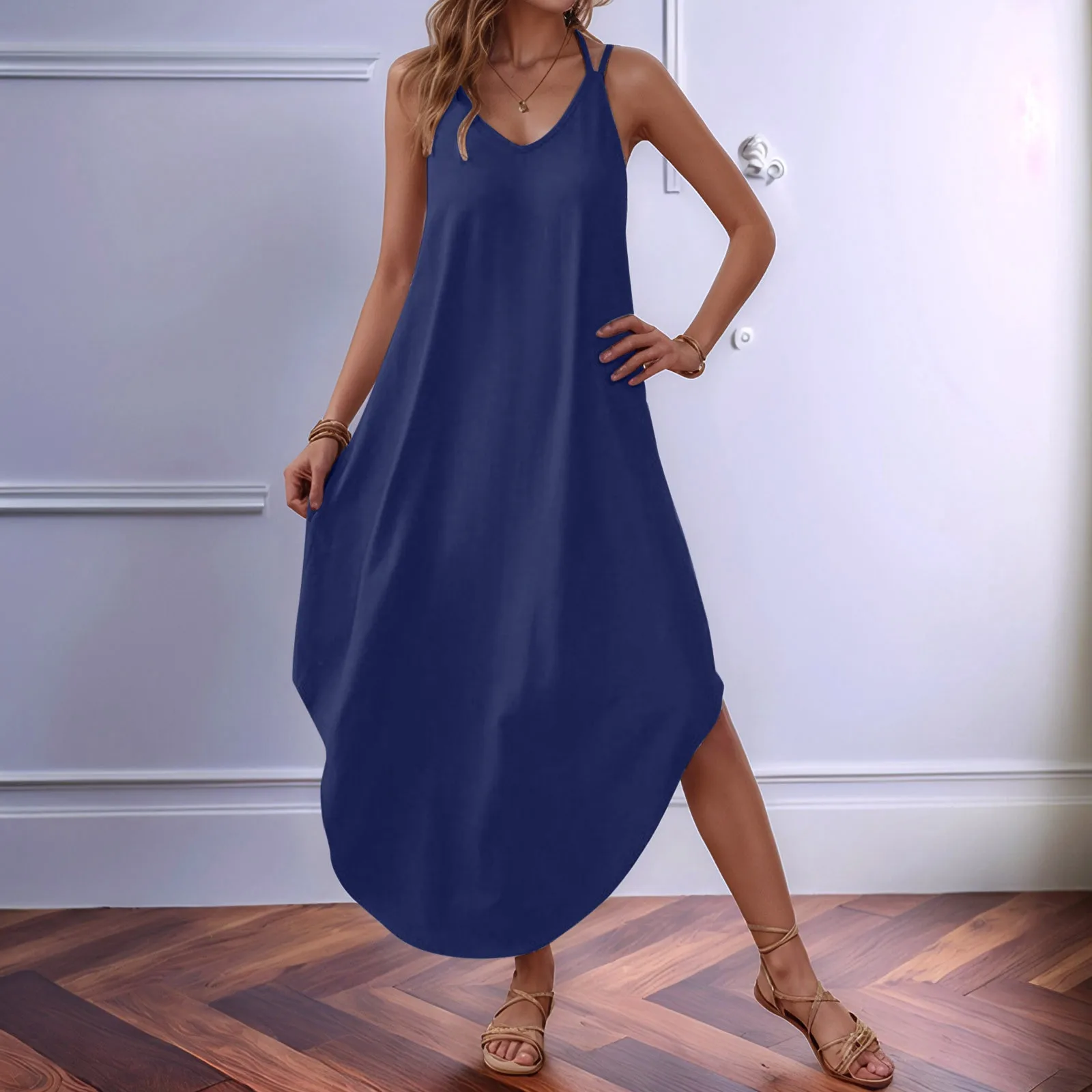 Women's Long Dresses Solid Color Semi-circular Hem Long Skirt Fashionable Loose Strap Dress Casual Beach Style Long Skirt 2025