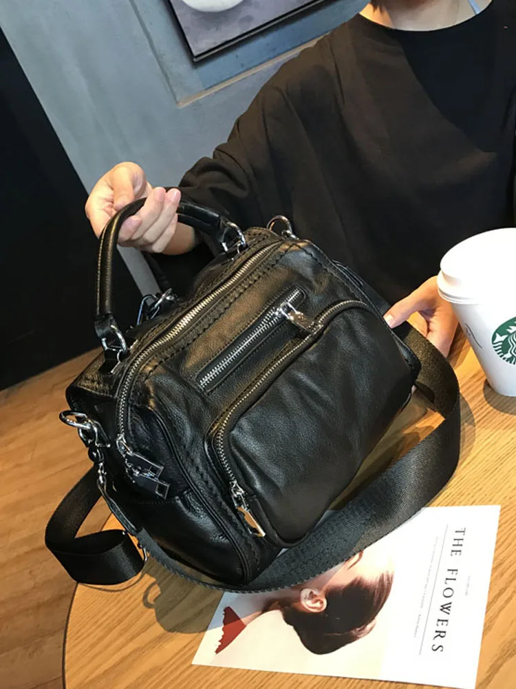 Tas Tangan Wanita Kulit Asli Hitam Tote Kulit Sapi Ritsleting Fashion Tas Bahu Tunggal Tas Selempang Kasual Warna Solid Sederhana