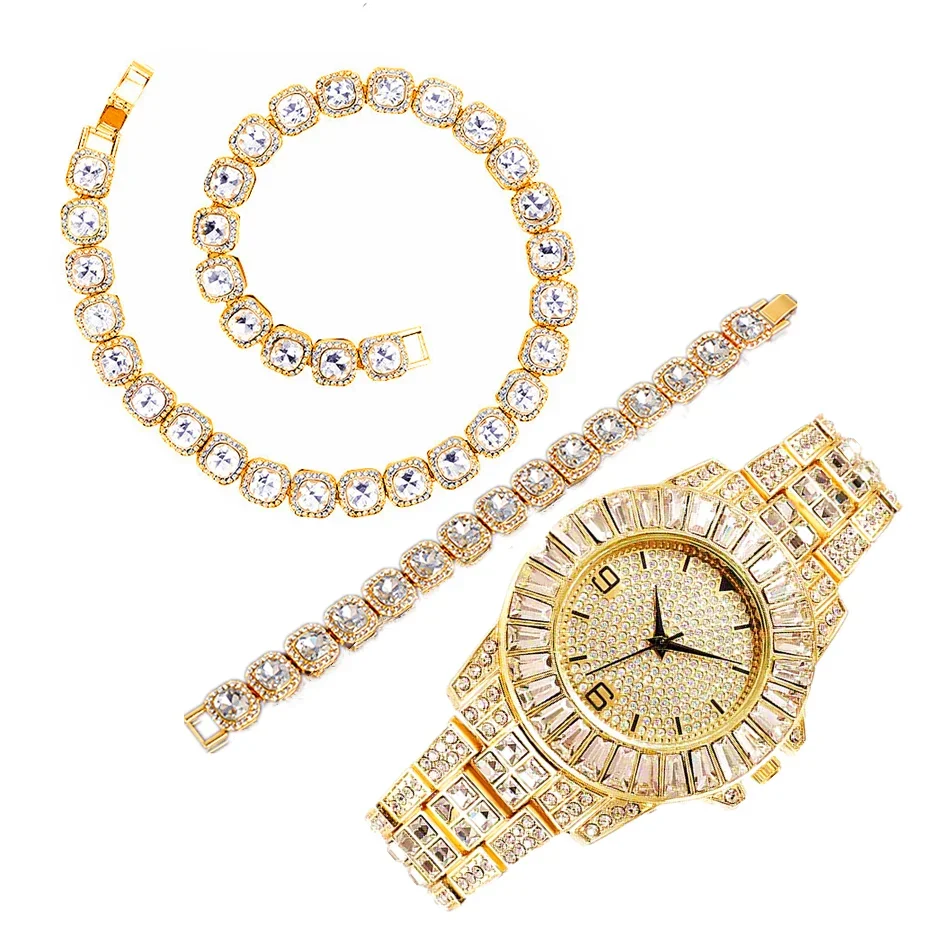 Luxury Wristwatch Necklace Bracelet Iced Out Watch for Men 10mm Tennis Chain Hip Hop Rock Miami Bling Jewelry Set Couple Choker