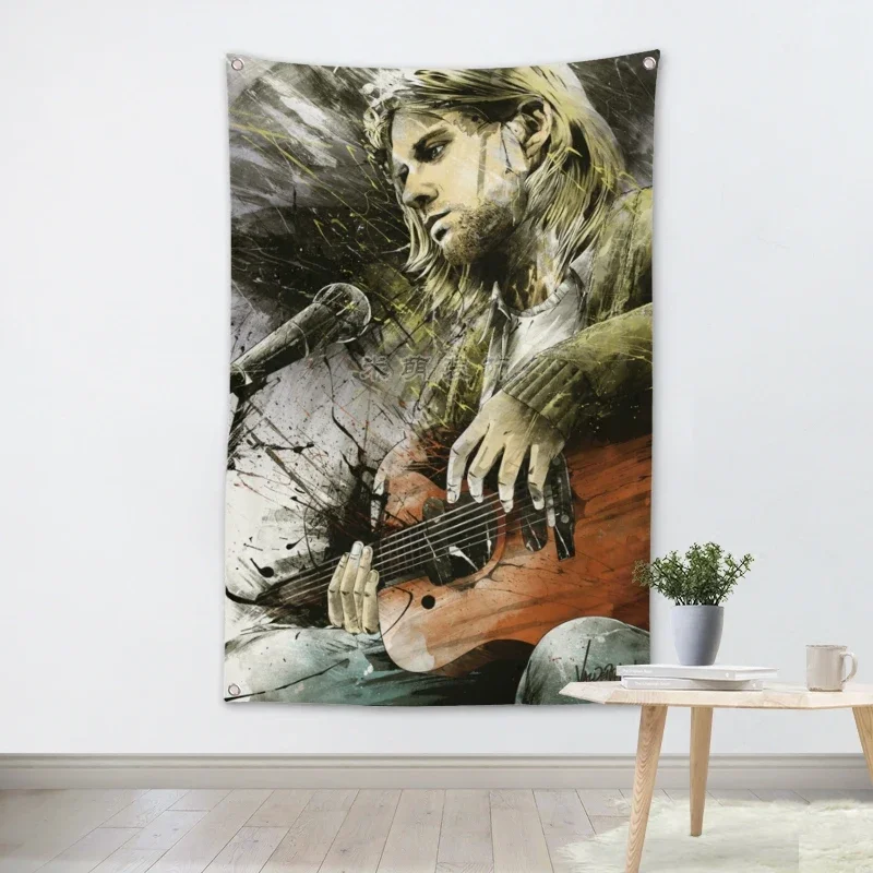 Kurt Cobain Rock Band Hanging Art Waterproof Cloth Polyester Fabric 56X36 inches Flags banner Bar Cafe Hotel Decor
