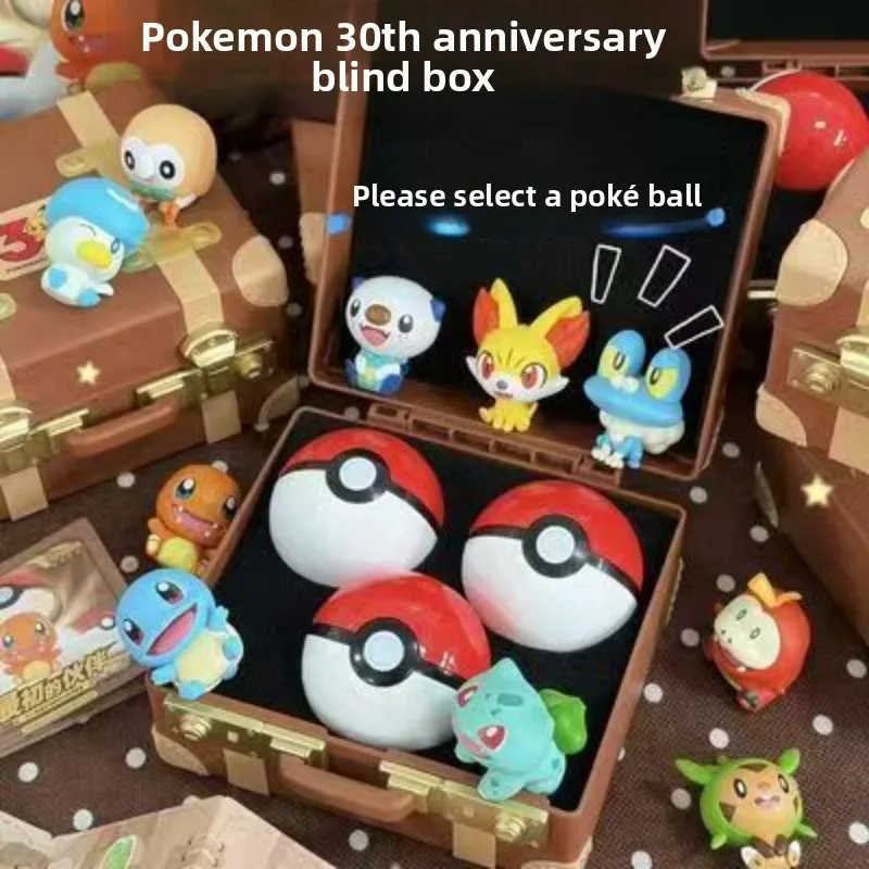 With Box Pokemon First Partners Blind‑box 3Pcs Starter Figurines + 3 Pokeballs, Anime Figure Toys with Vintage Storage Case