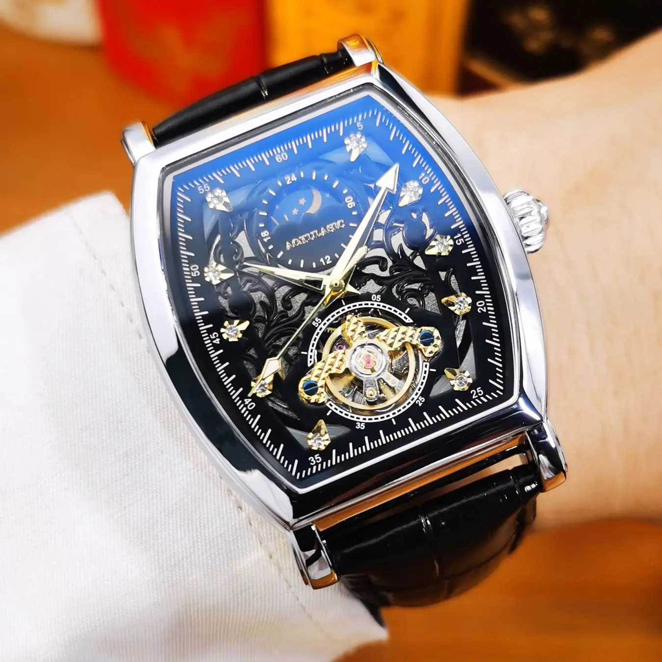 AOKULASIC Tourbillon Skeleton Automatic Mechanical Watch for Men Luxury Iced Out Moon Phase Casual Leather Strap Mens Watches