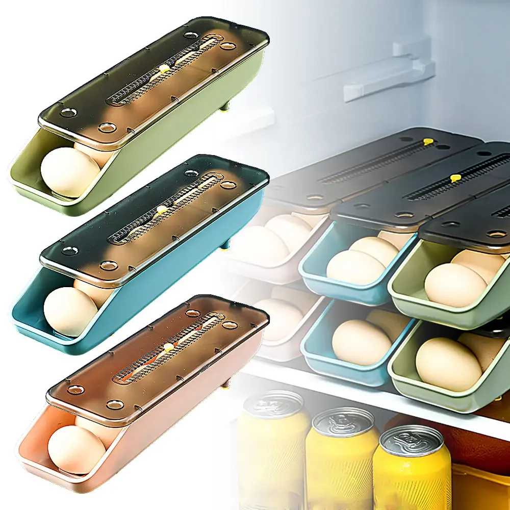 Automatic Rolling Egg Storage Box Plastic Storage Container Kitchen Fridge Storage Organization Eggs Holder Basket Cartons Tray