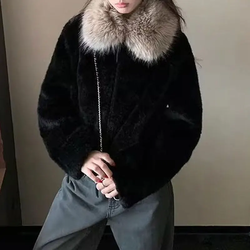 Women Faux Mink Fur Cropped Jacket Lapel Fashion Zip Up Short Furry Coat Winter Thick Warm Vintage Loose Street Casual Outerwear