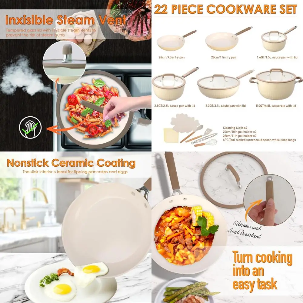 

Ceramic Nonstick 22-Piece Cookware Set, Induction-Ready Pots and Pans with Cool-Touch Handles, PFOA, PTFE, and PFAS-Free, Cream