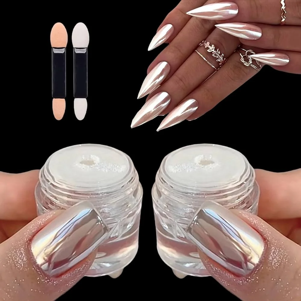 2 Piece Set of Pearl White Glitter Nail Polish Gel with Chrome Pigment and Cotton Swab Applicator