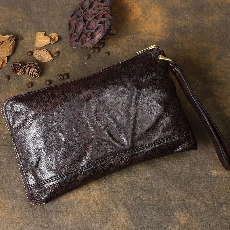 Fashion vintage high quality natural genuine leather men\'s women\'s clutch bag casual simple luxury cowhide phone tablet wallet