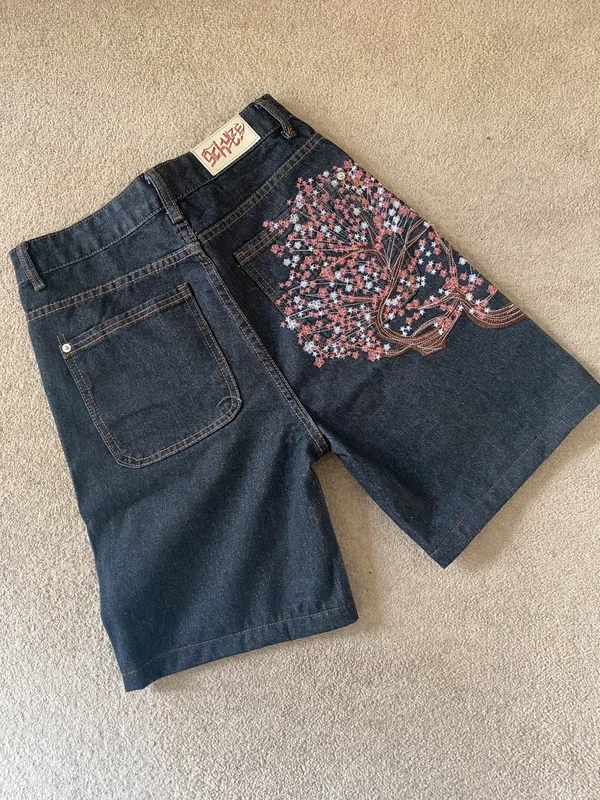 Men Dark Wash Denim Shorts Back Pocket Cherry Blossom Embroidered Loose Fit Knee Length Vintage Streetwear Casual Summer Wear