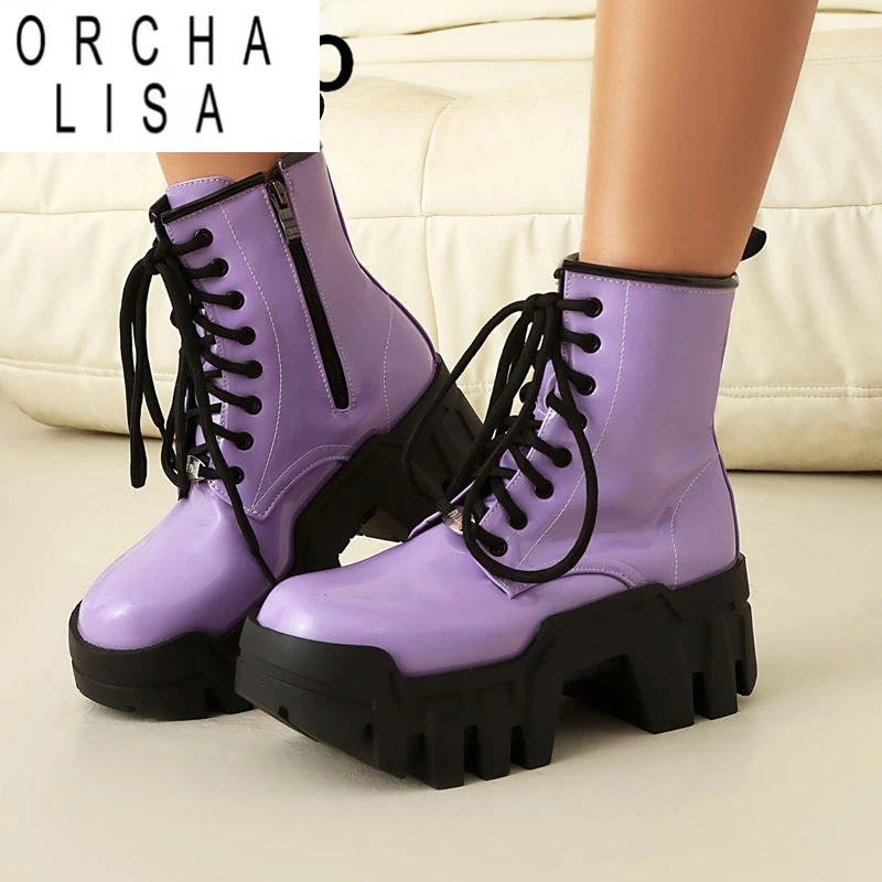 

ORCHA LISA 2025 Блестящие женские ботильоны с круглым носком на блочном каблуке 6,5 см Платформа 4,5 см Молния на шнуровке Большой размер 42 43 44 Fashion Bota