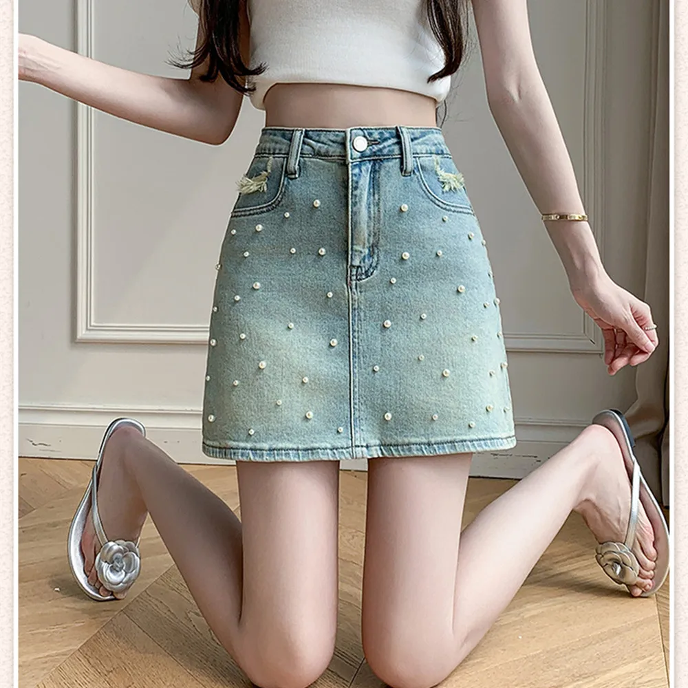 

Denim Skirt Women's All-Matching Slim Fit 2024 New Diamond-Embedded Fashion Mini Skirts Y2K Cute Summer