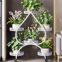 Heart-Shaped Iron Flower Stand Multi-Tier Plant Shelf for Living Room Mobile Potted Plant Holder with Wheel Vintage Display Rack