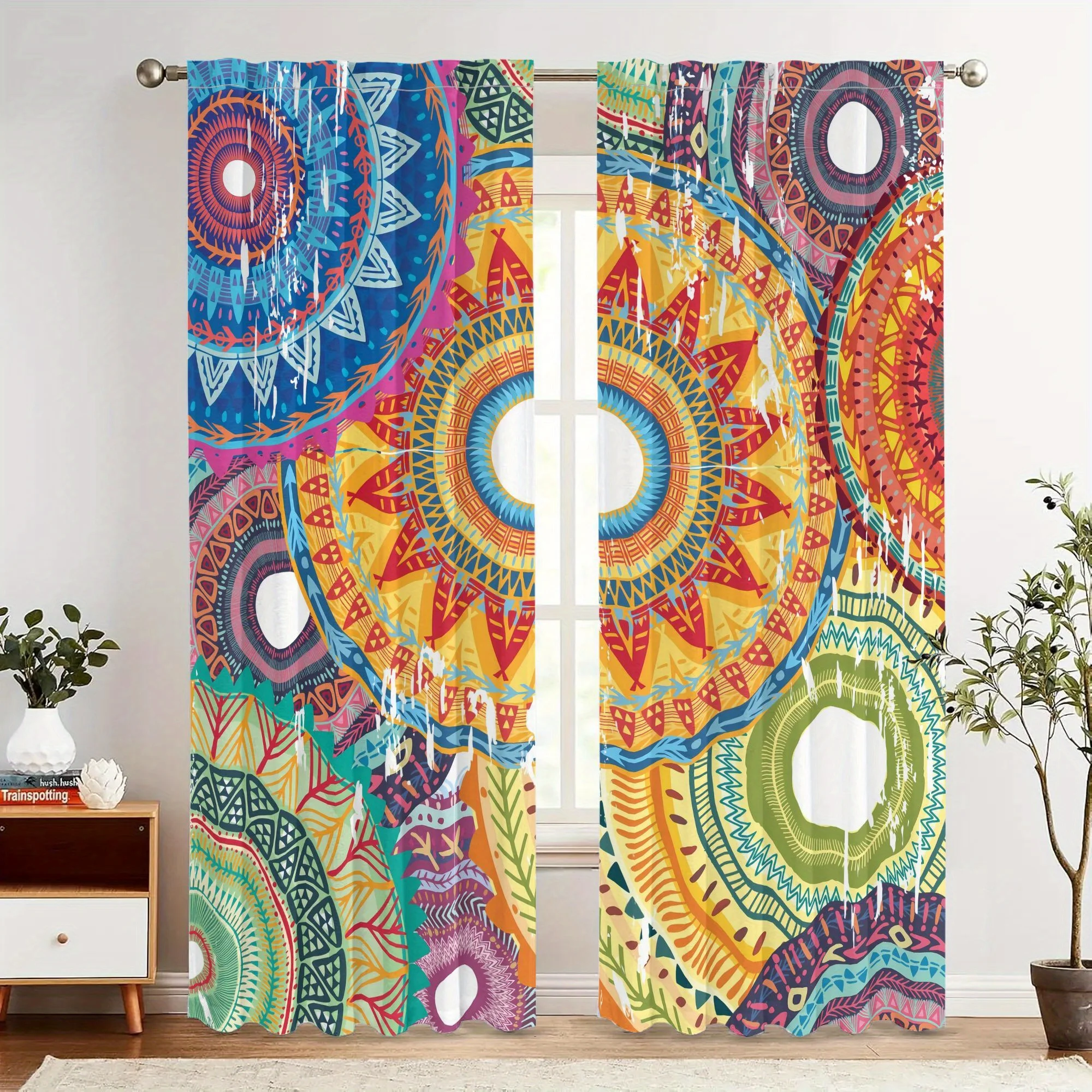Bohemian mandala curtains, pole-mounted installation. Suitable for living rooms, bedrooms, dining rooms and hotels.