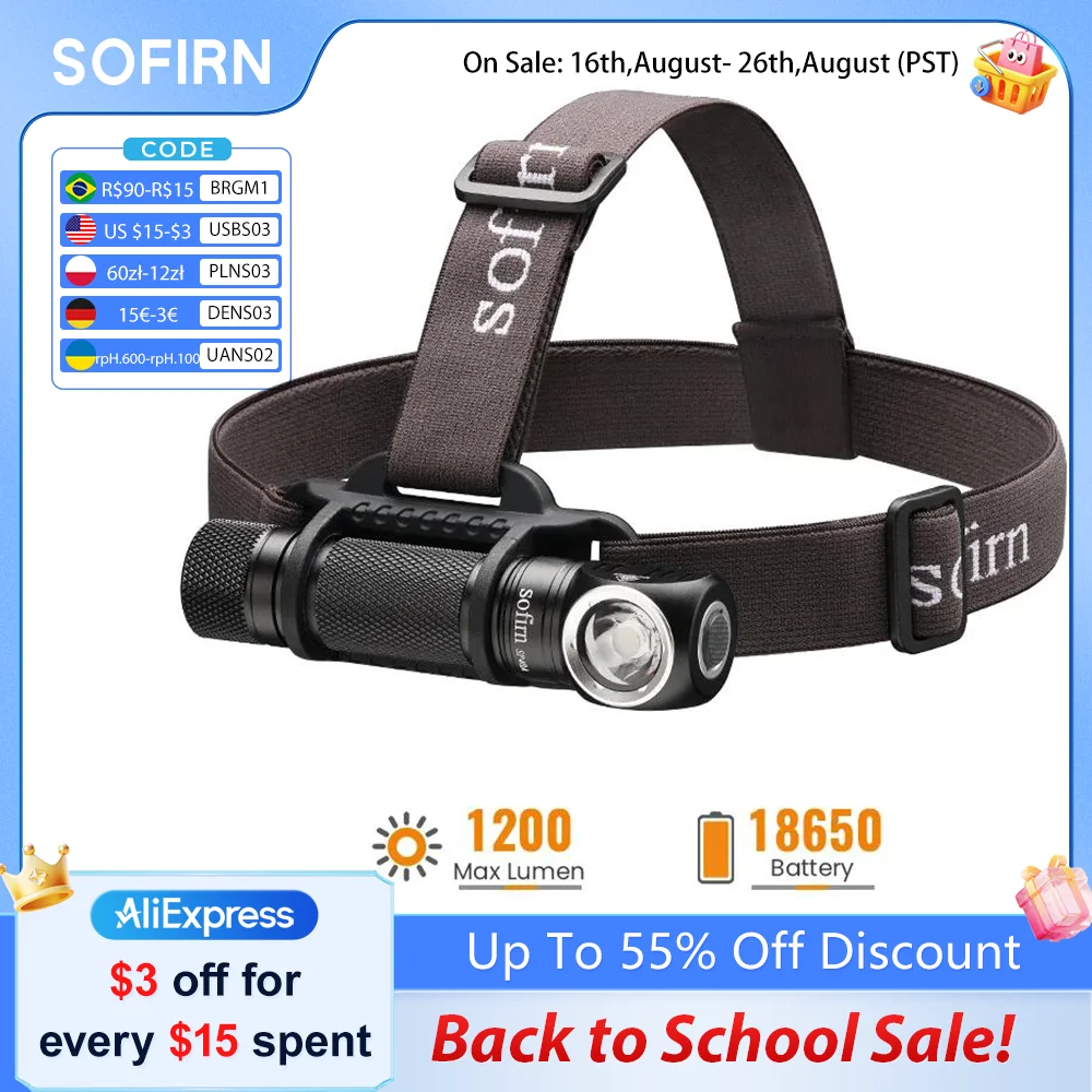 Latarka czołowa SOFIRN SP40A, ładowalna, optyka TIR, soczewka LED, zasilanie 18650, ładowanie USB, 1200lm, latarka z magnetyczną nakładką na tylną część.