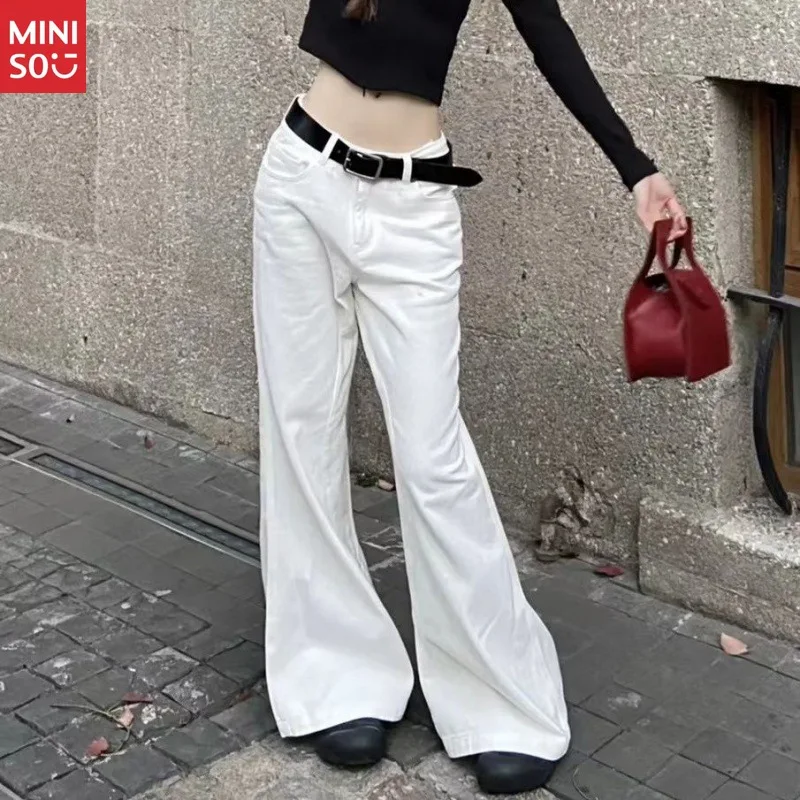 

Miniso Low-Rise White Flare Jeans for Women, Sweet & Edgy Wide-Leg Drag Pants with Slimming Fit