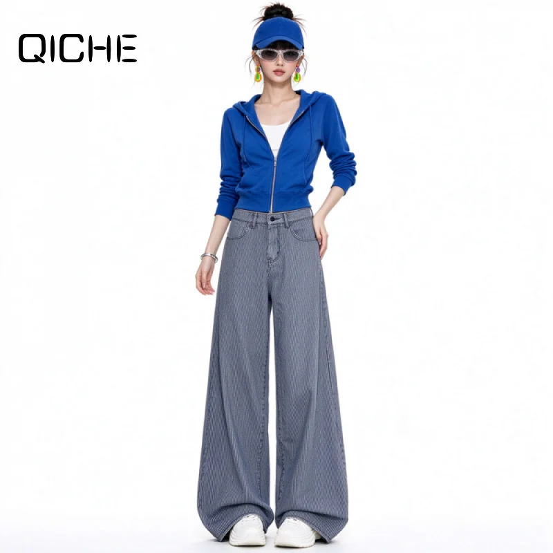 QICHE 2026 Autumn Women High Waist Wide Leg Denim Pants, American Vintage Vertical Stripe Draping Floor Length Jean Trousers