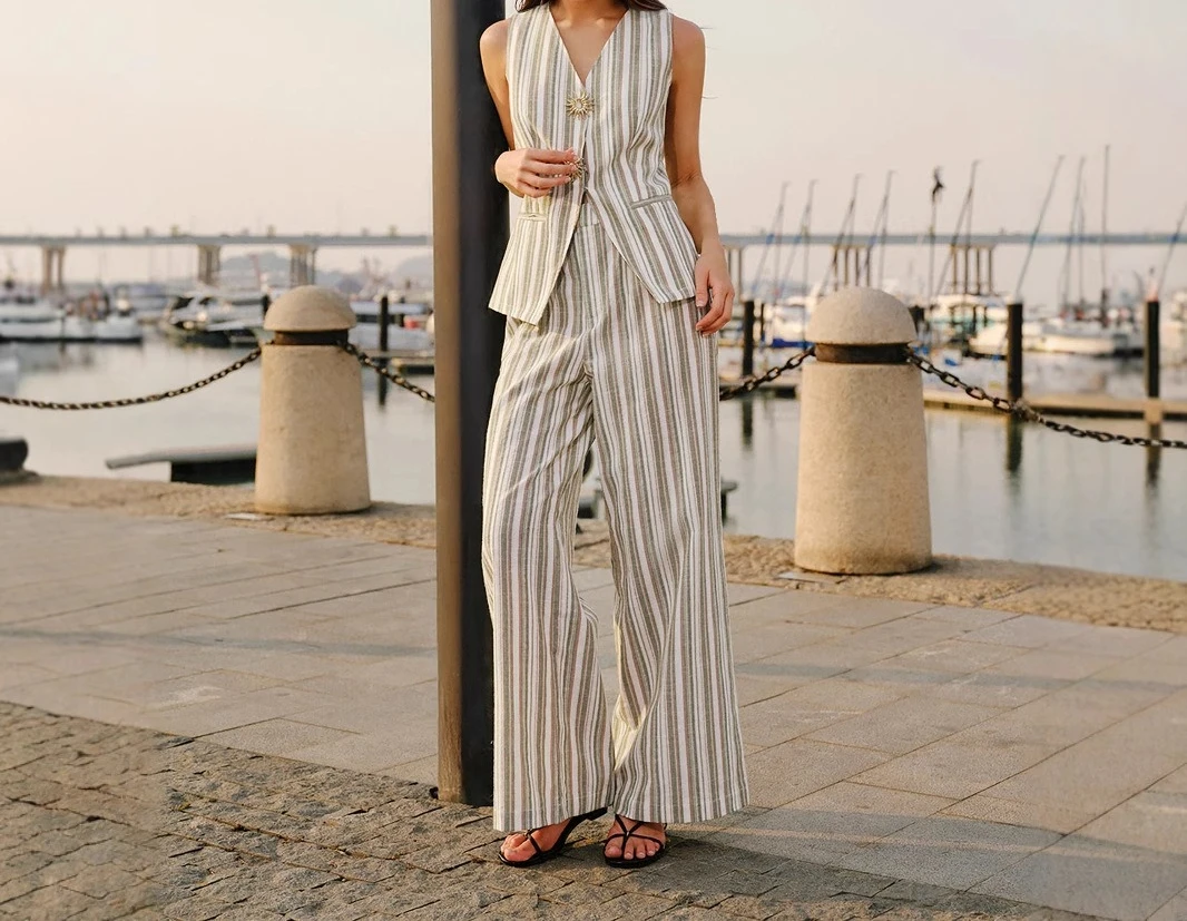 

Женский костюм, летний полосатый топ без рукавов, свободные широкие брюки, костюм-двойка, элегантный костюм для поездок на работу