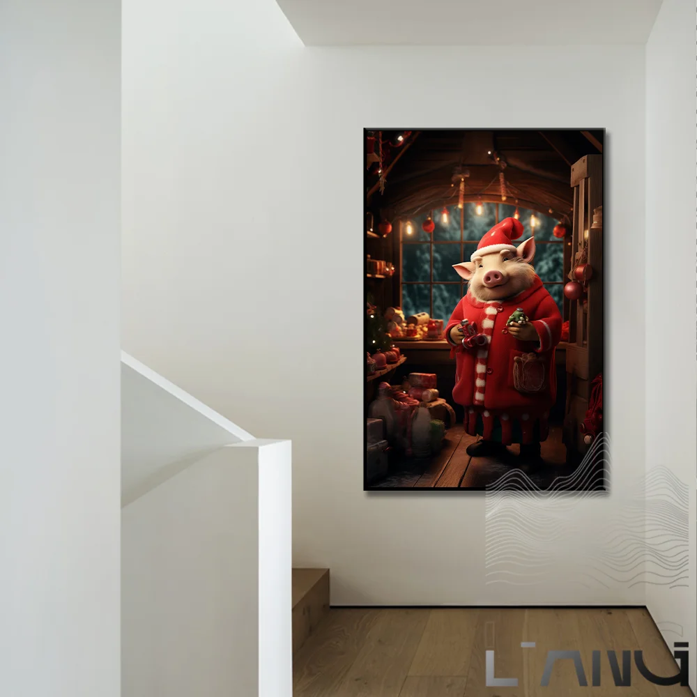 

Animal pet with Christmas hat poster Rabbit Piggy parrot cat cute dress up festive atmosphere wall home decoration painting