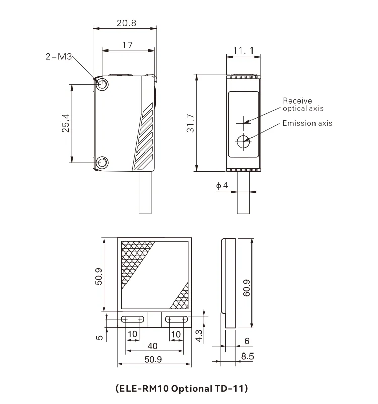 AKUSENSE ELE-RM10AN 0.1-10m Long Distance Red Laser Adjust Range Retro-reflective Square Photoelectric Sensor L./D. on