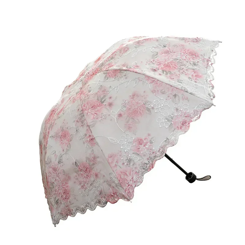 Lace sunshade Double sunscreen double 8 skeleton three fold female princess cute UV umbrella