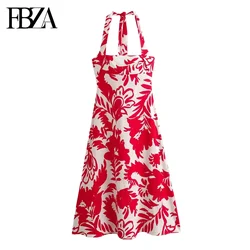 TRAF Women Fashion Summer New Sexy Printing Halter Collar Back Zip  Backless Long Dresses Chic Female Vintage Evening Dress