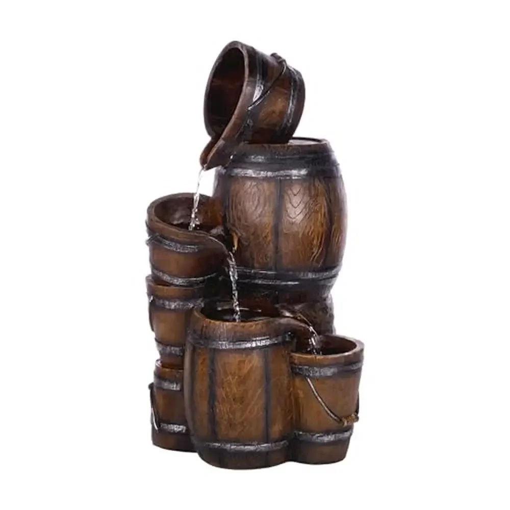 Tiered Barrels and Buckets Fountain Indoor/Outdoor Rustic 4-Tier Water Feature Relaxing Water Flow Weather-Resistant 24