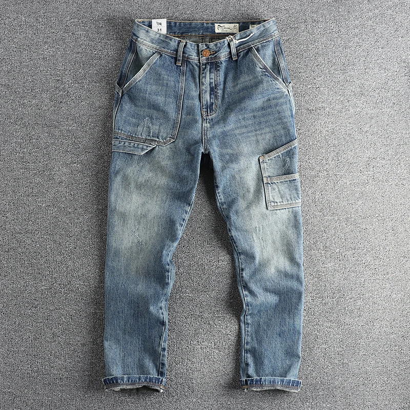 

Q089# Spring New American Retro Denim Carpenter Cargo Jeans Men's 100% Cotton Washed Old Casual Multi-pocket Straight Pants