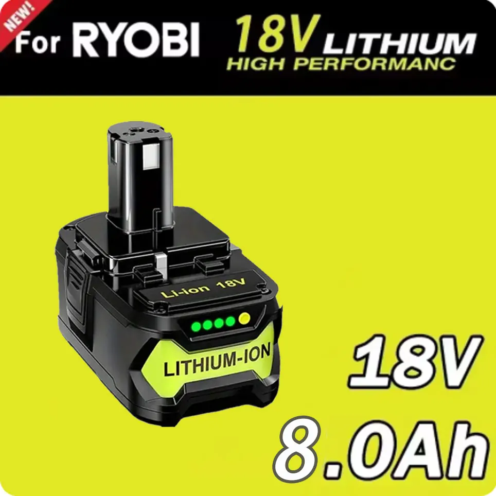 Batterie P108 8,0 Ah pour Ryobi One 18 V haute capacité, compatible avec les outils électriques Ryobi P107 P109, batterie 8000 mAh + chargeur