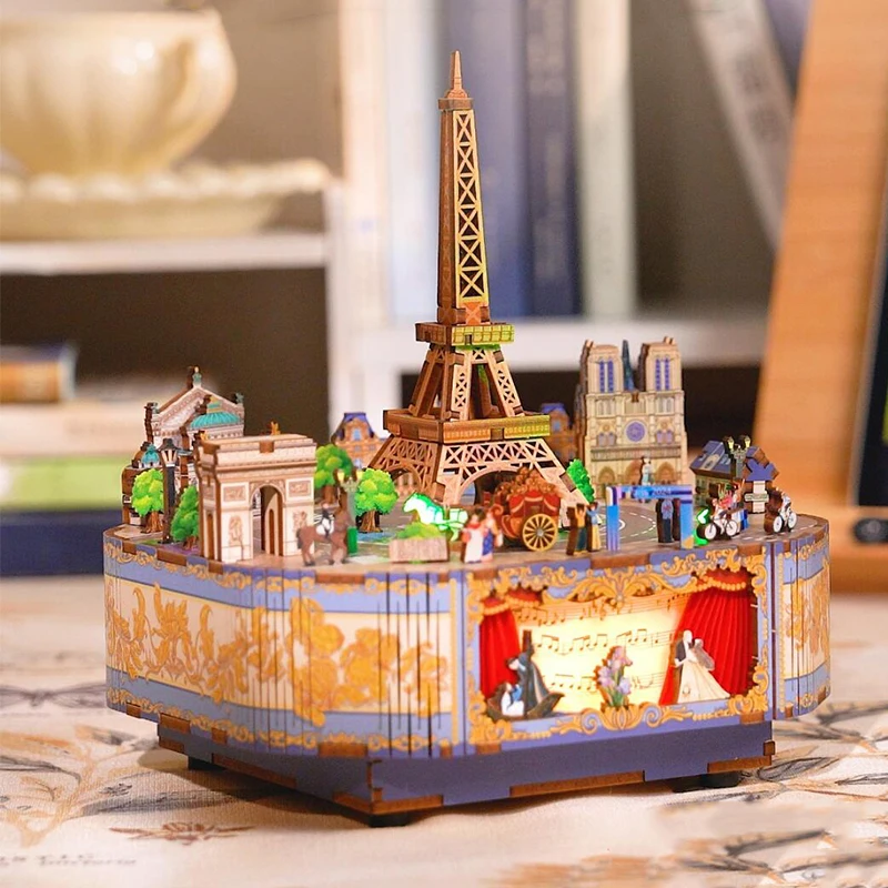 

NEW DIY Wooden Music Box Paris Games 3D Puzzles Miniature Model Kits Can Move Jigsaw for Children Christmas Gifts Home Decor