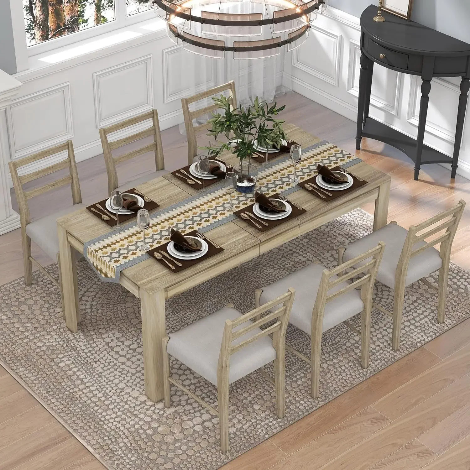 LUMISOL 7 Piece Kitchen Dining Set with Extendable Table with Storage Drawers and Upholstered Chairs Farmhouse Rustic Dining Roo