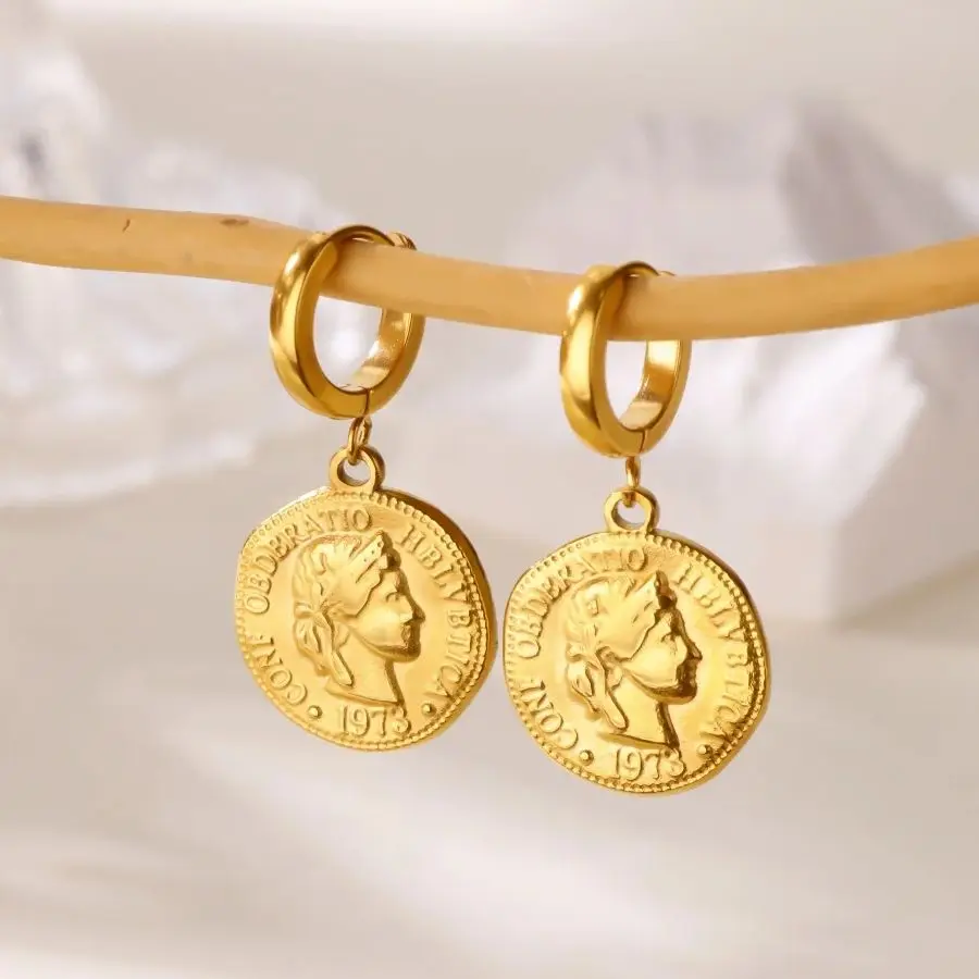 18K Gold Plated Portrait Coin Earrings for Women Men Stainless Steel Jesus Cross Dangle Huggie Earrings Waterproof Jewelry