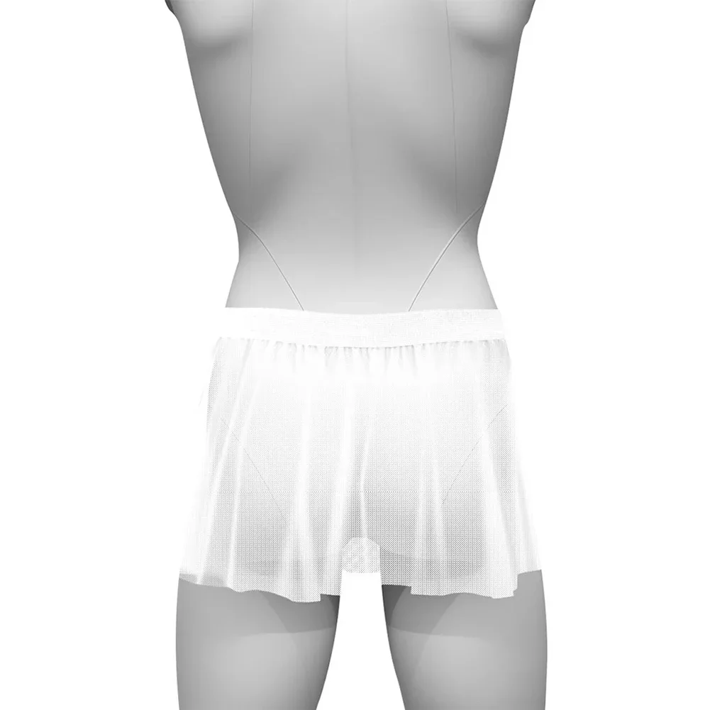 Mens Sexy Sissy Mesh Pleated Skirt Low Rise Lace Mesh Crossdressing Short Pleated Skirts See Through Men\'s Boxer Shorts Skirts