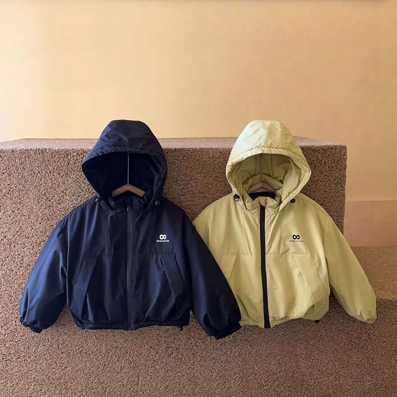 

Kids Cotton Padded Outdoor Jacket for Boys and Girls Windproof Thick Warm Short Style Hooded Winter Coat Pockets Fabric Wear