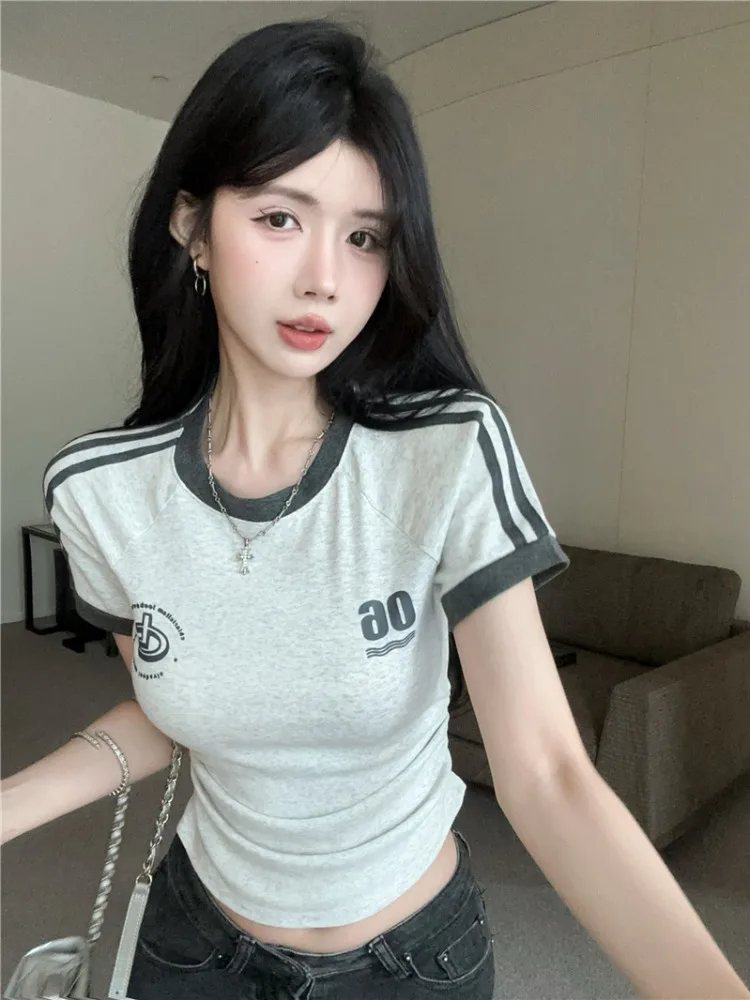 

American College Style Women's Short Sleeve T-Shirt Summer Sportswear Striped Spicy Girl Short Shoulder Unique Beautiful Ball...