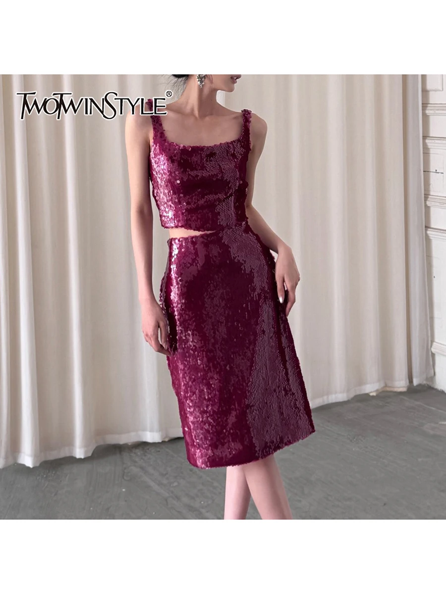 

TWOTWINSTYL Slimming Spliced Sequins Two Piece Sets for Women Square Neck Sleeveless Top High Waist Skirt Temperament Set Female