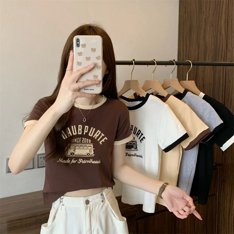 2024 Summer New Women's T-shirt Sweet Spicy Color Blocking Round Neck Cropped Top Slimming Students Short Sleeves T-shirt