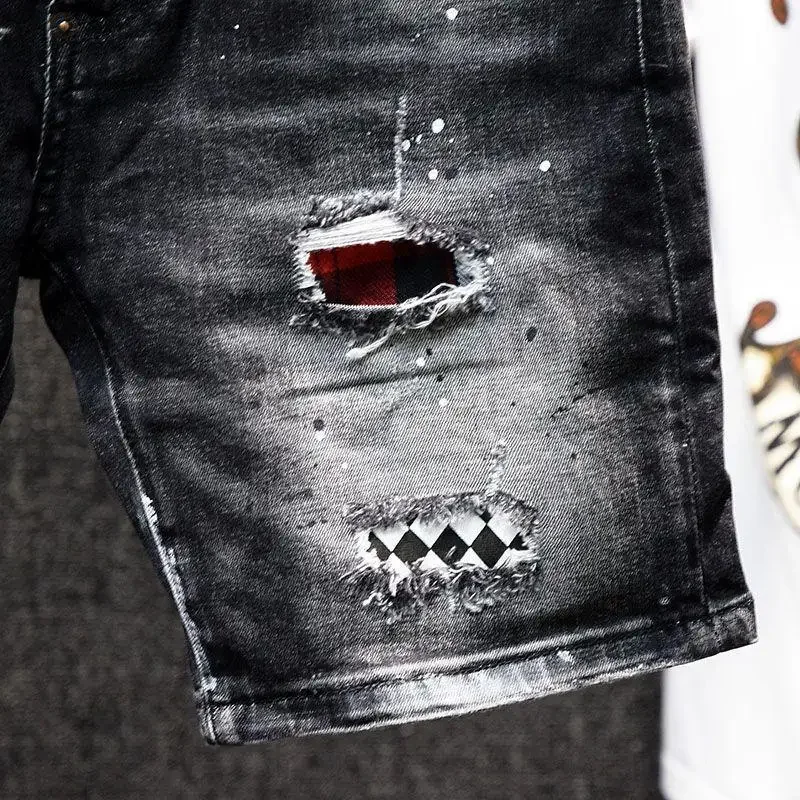 Luxury Brand Designer Clothes Men\'s Casual Denim Knee-Length Shorts Summer 2024 Fashion Black Patches Paint Jeans Shorts Men