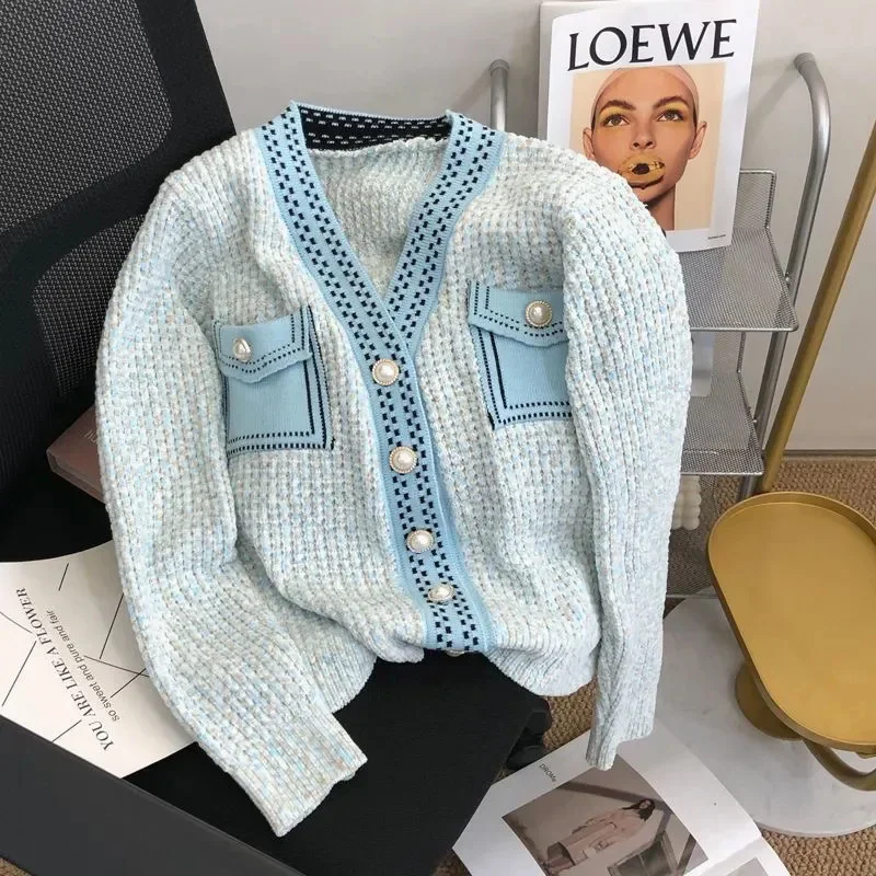 

Contrasting Color Knitted Cardigan Women's V-Neck Blouse Pearl Button Sweater Coat Fashion Pocket Spring Autumn Knitwear Top